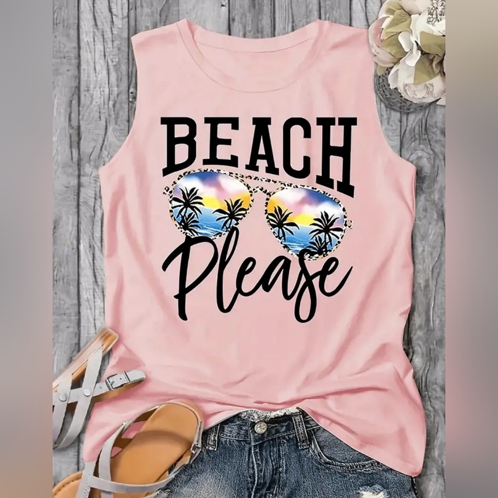 Fashionable Beach Graphic Tank Top - Lightweight & Breathable, Crew Neck